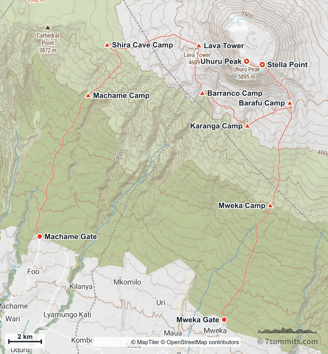 Topographic map of the Machame Route on Kilimanjaro, from Machame Gate up the south-west flank past Shira, Lava Tower, Barranco and Barafu to Uhuru Peak, descending by Mweka to Mweka Gate