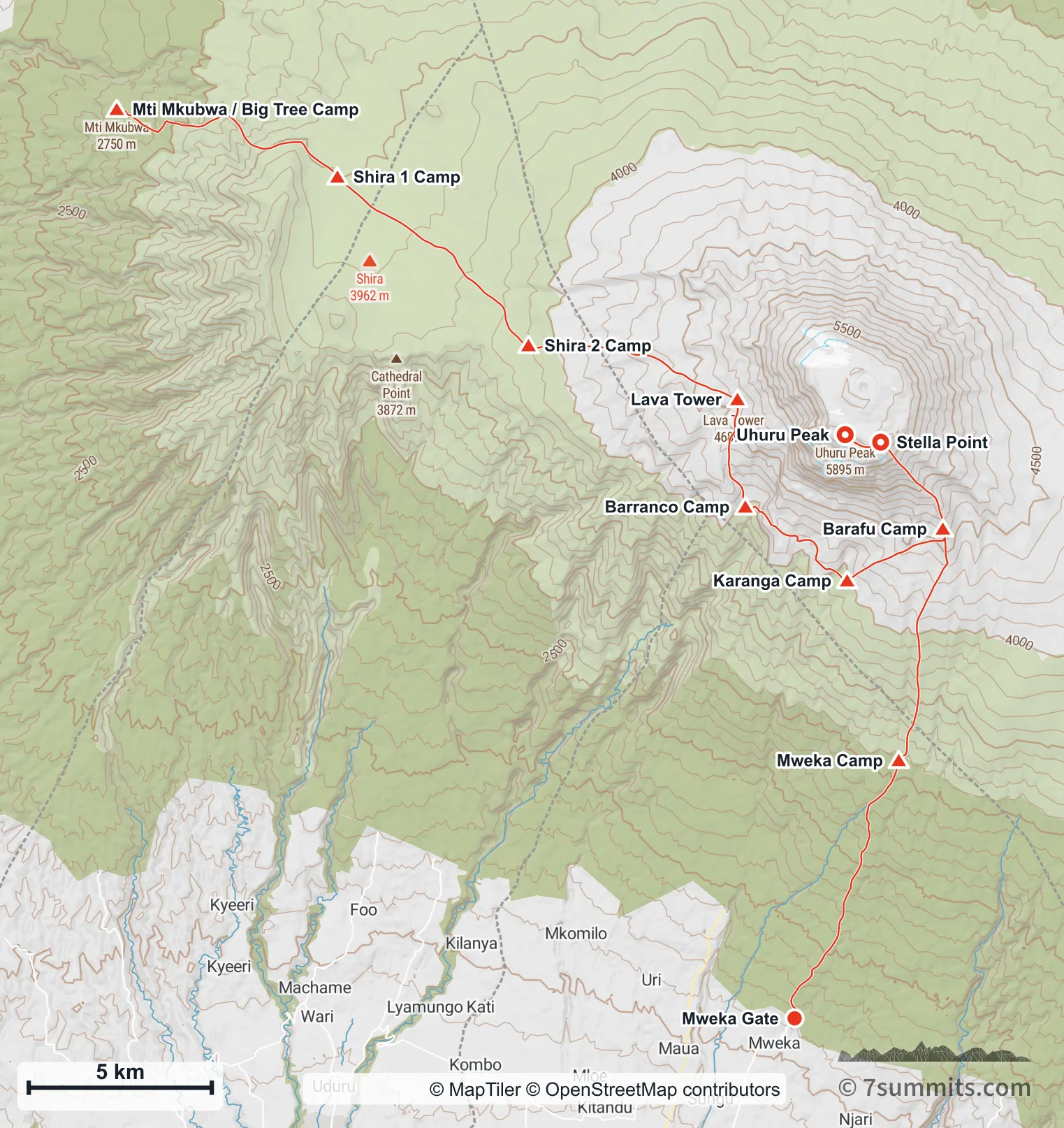 Topographic map of the Lemosho Route on Kilimanjaro, from Londorossi on the west side across the Shira plateau and round the southern flank to Uhuru Peak, descending by Mweka
