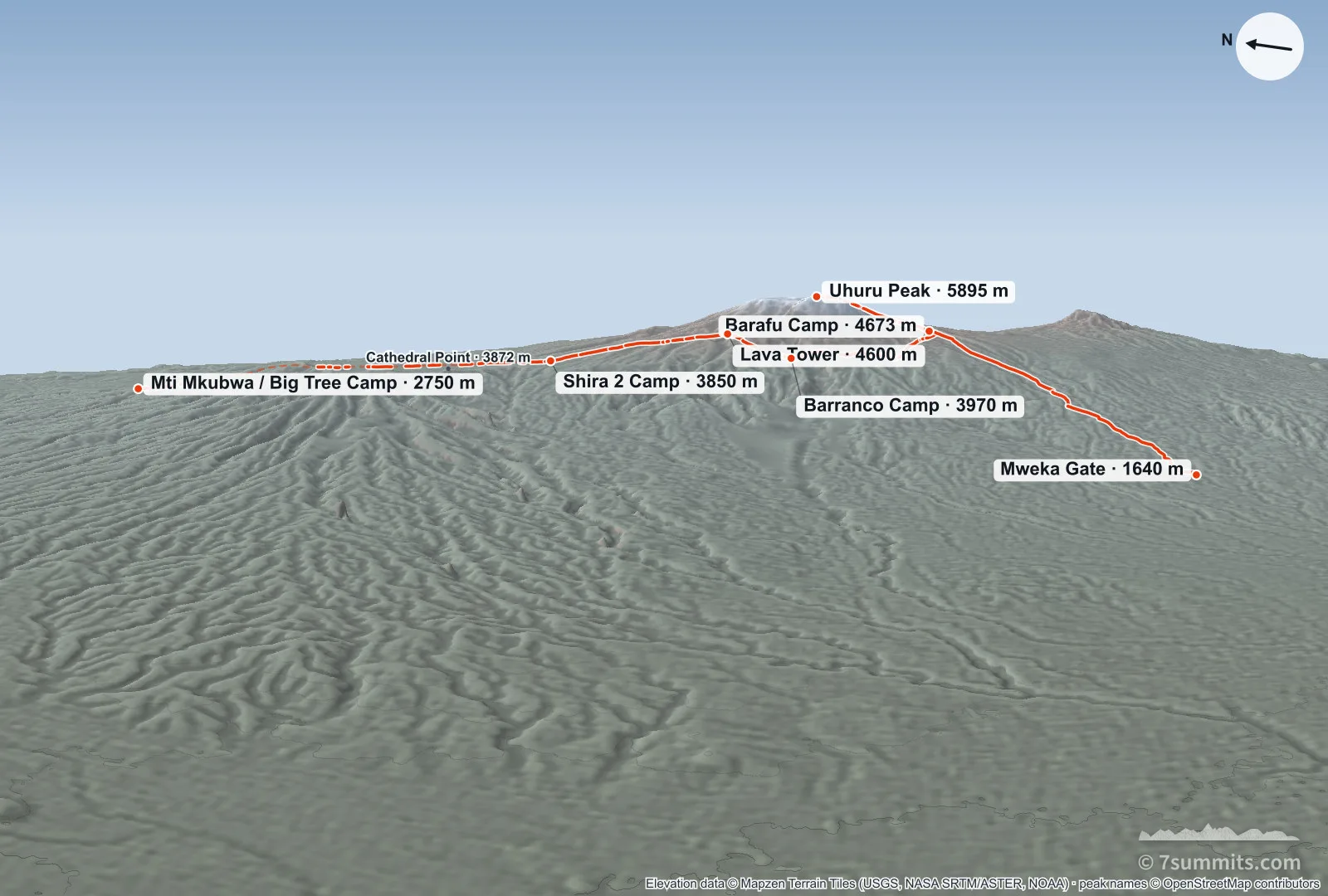 Oblique three-dimensional view of the Lemosho Route on Kilimanjaro, from Mti Mkubwa on the west across the Shira plateau and round the southern flank to Uhuru Peak, descending by Mweka