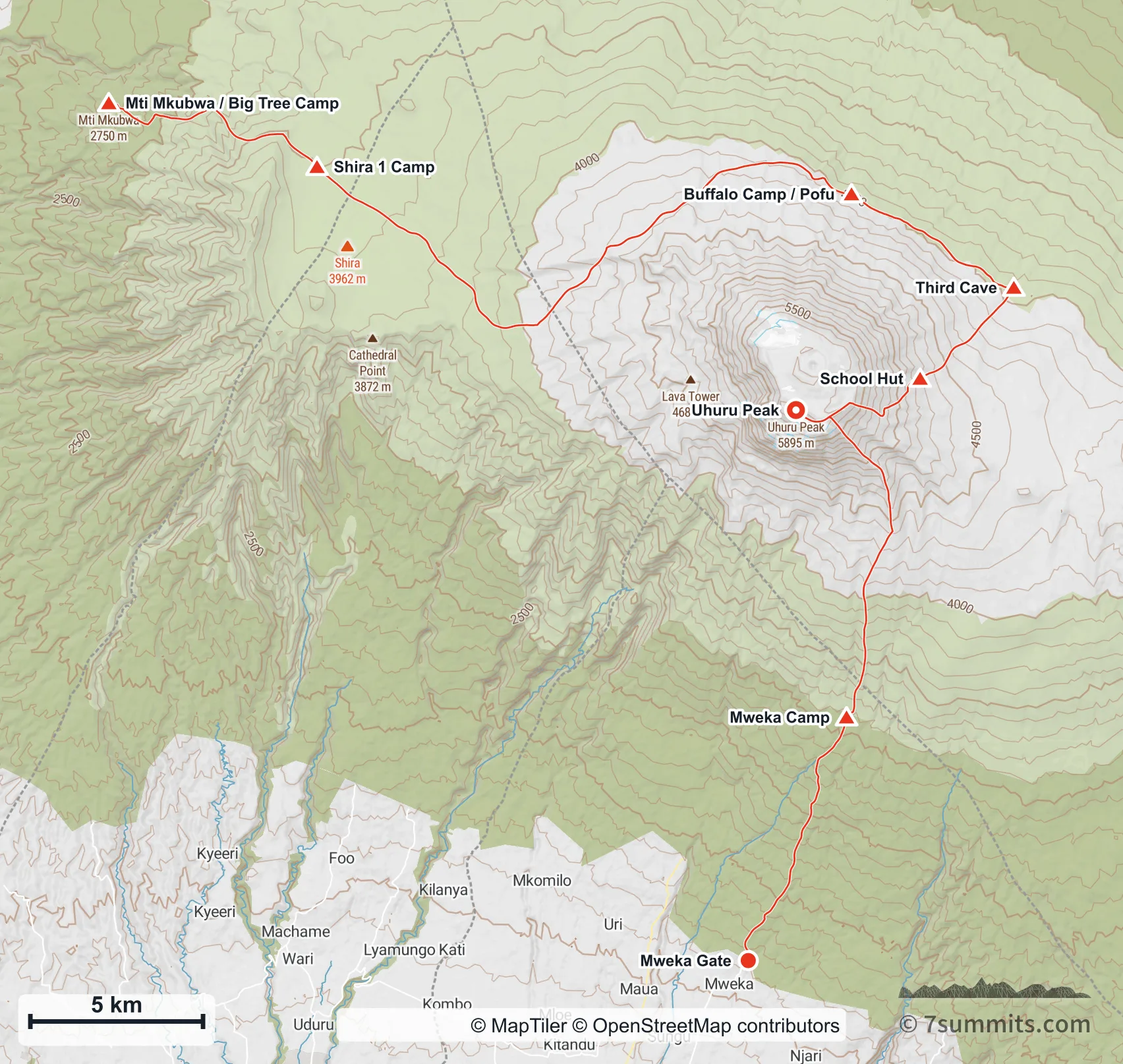 Topographic map of the Northern Circuit on Kilimanjaro, from Londorossi on the west round the quiet northern slopes to School Hut and Uhuru Peak, descending by Mweka