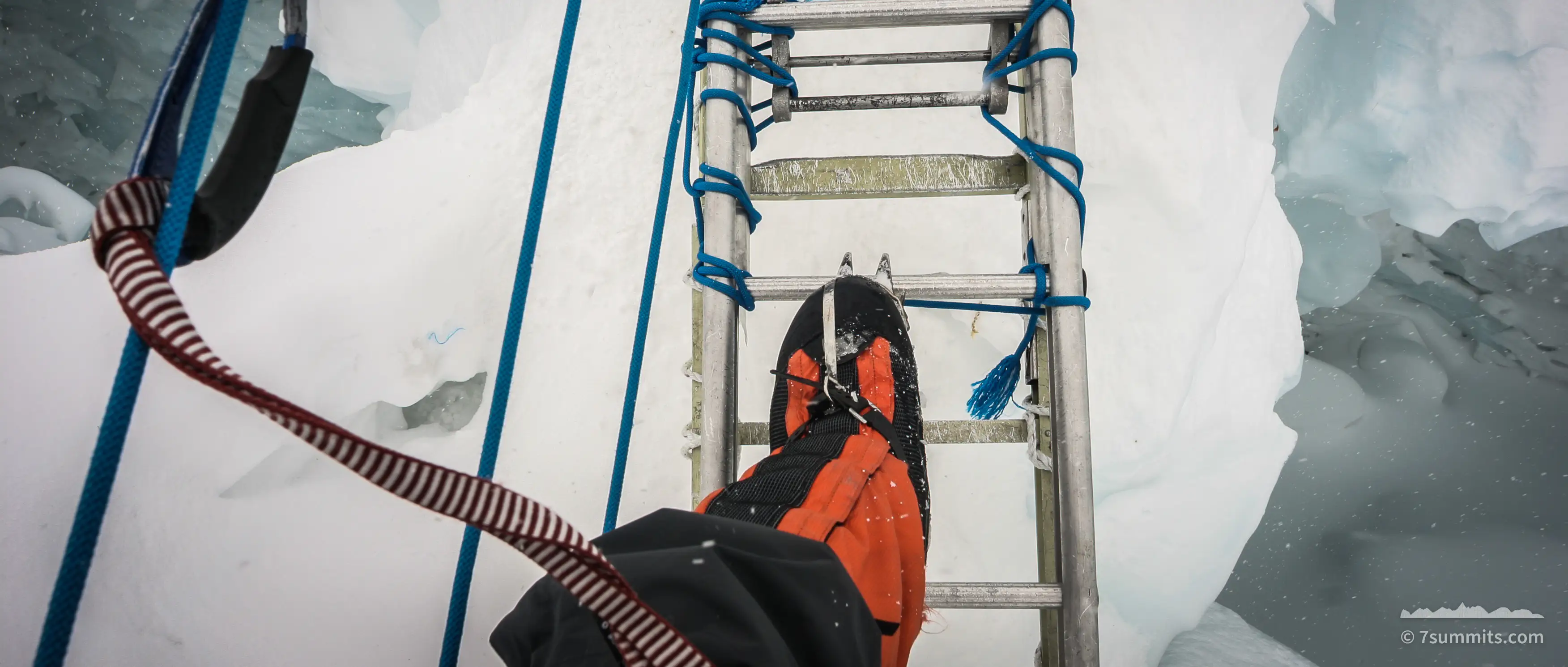 Crossing a crevasse on Mount Everest using a ladder