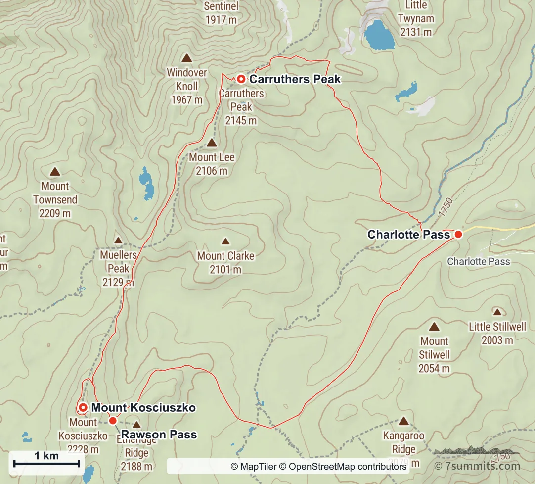 Topographic map of the Main Range loop on Mount Kosciuszko, anticlockwise from Charlotte Pass north past Blue Lake to Carruthers Peak, south along the Main Range to the summit spur, up to the summit and back to Rawson Pass, then out along the old summit road to Charlotte Pass