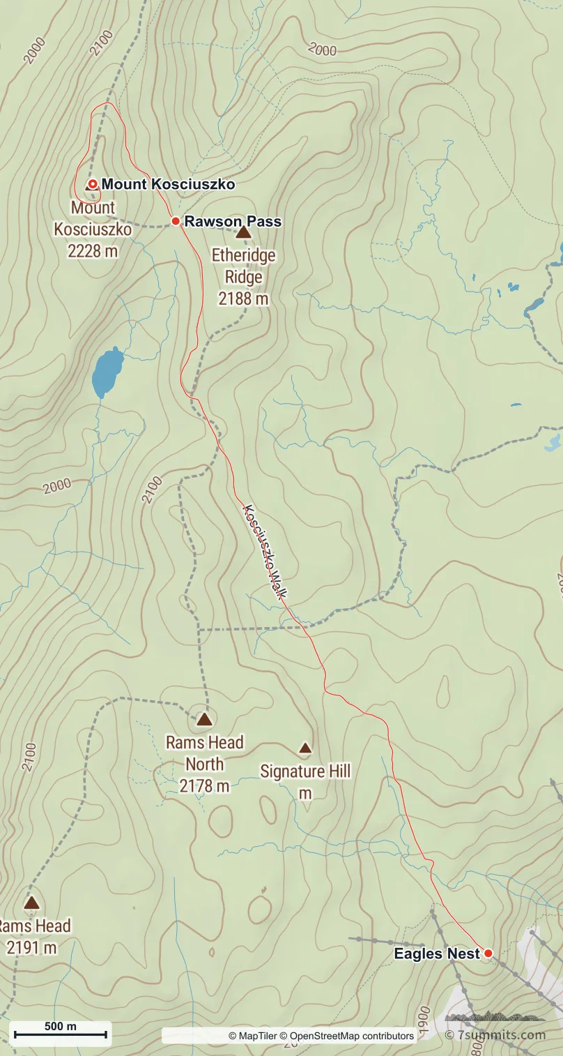 Topographic map of the Thredbo Summit Walk on Mount Kosciuszko, from the top of the Kosciuszko Express chairlift at Eagles Nest past Kosciuszko Lookout and Rawson Pass to the summit
