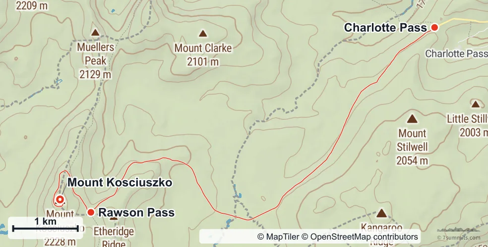 Topographic map of the Charlotte Pass Summit Walk on Mount Kosciuszko, from Charlotte Pass along the old summit road past Rawson Pass to the summit