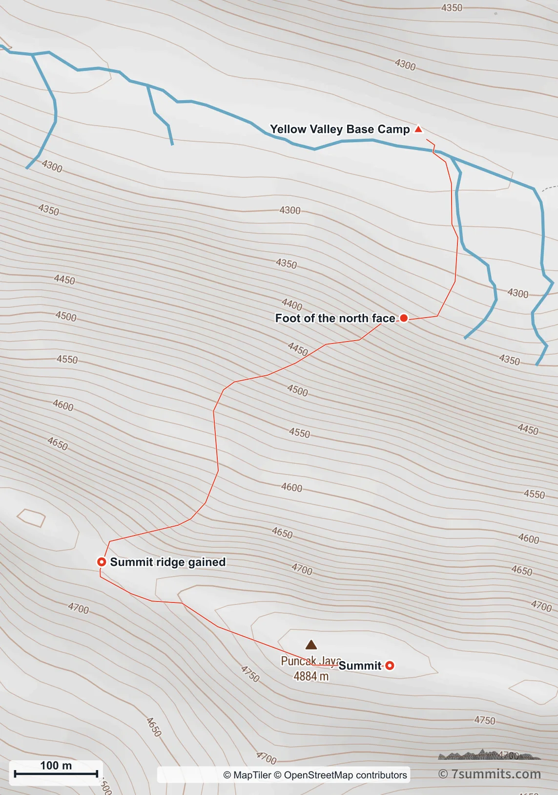 Topographic map of the Normal Route on Carstensz Pyramid, from Yellow Valley Base Camp south to the foot of the north face, climbing south-west up the face to gain the summit ridge at its western end, then east along the ridge to the summit of Puncak Jaya