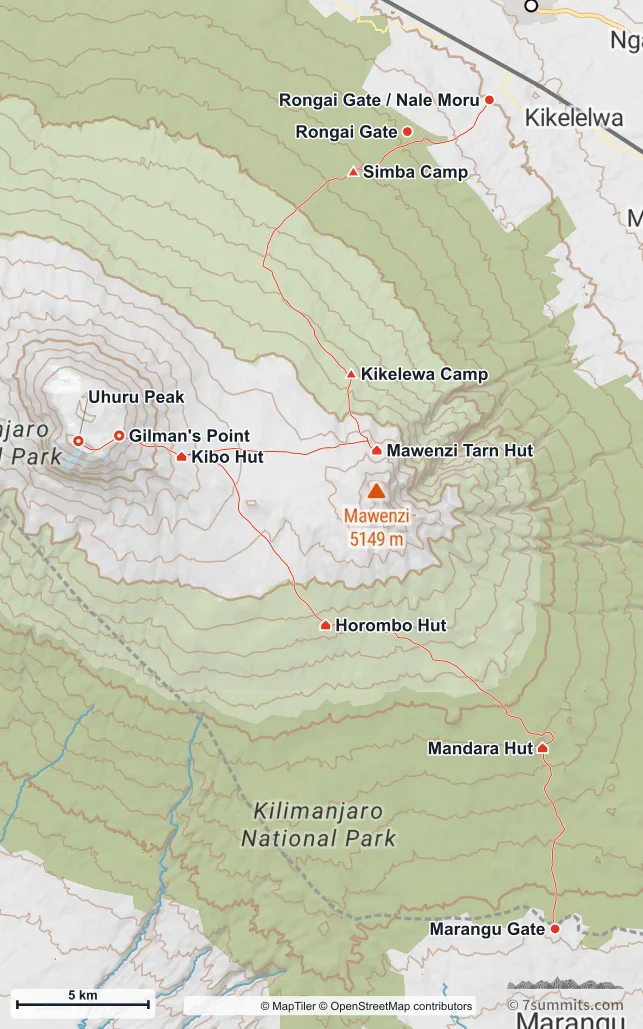 Topographic map of the Rongai Route on Kilimanjaro, from Nale Moru on the north-east past Mawenzi Tarn to Kibo Hut, Gilman’s Point and Uhuru Peak