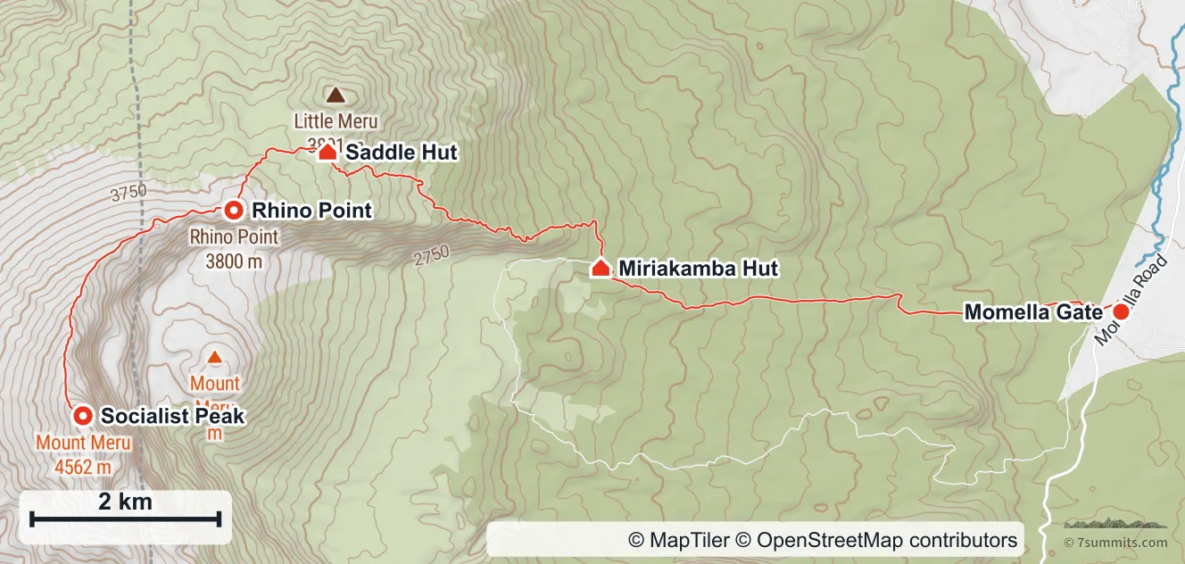 Topographic map of the Momella Route up Mount Meru, from Momella Gate east of the mountain west through the forest to Miriakamba Hut, up to Saddle Hut, then round the crater rim over Rhino Point to Socialist Peak