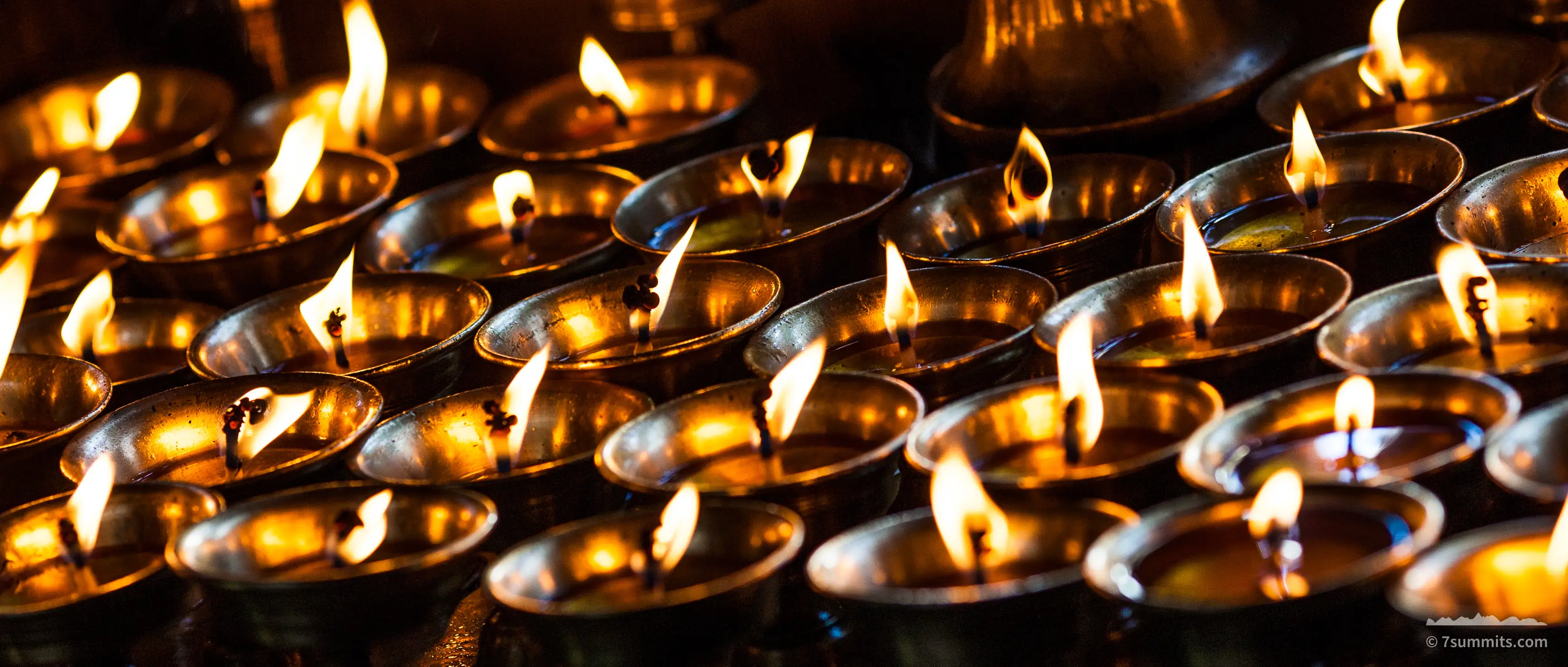 Rows of brass butter lamps burning with small yellow flames in a dark temple interior.