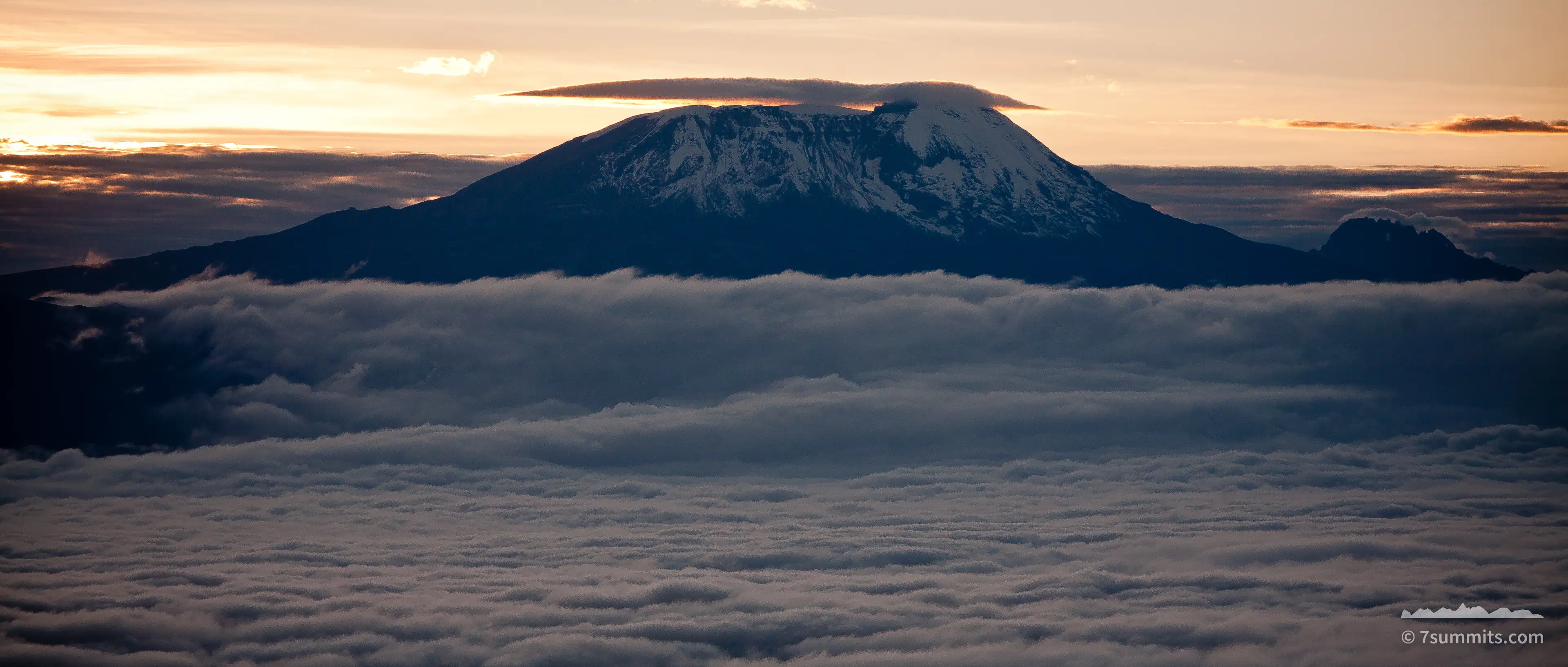 Kilimanjaro's snow-streaked summit rising in silhouette above a thick layer of cloud, under a pale orange dawn sky.