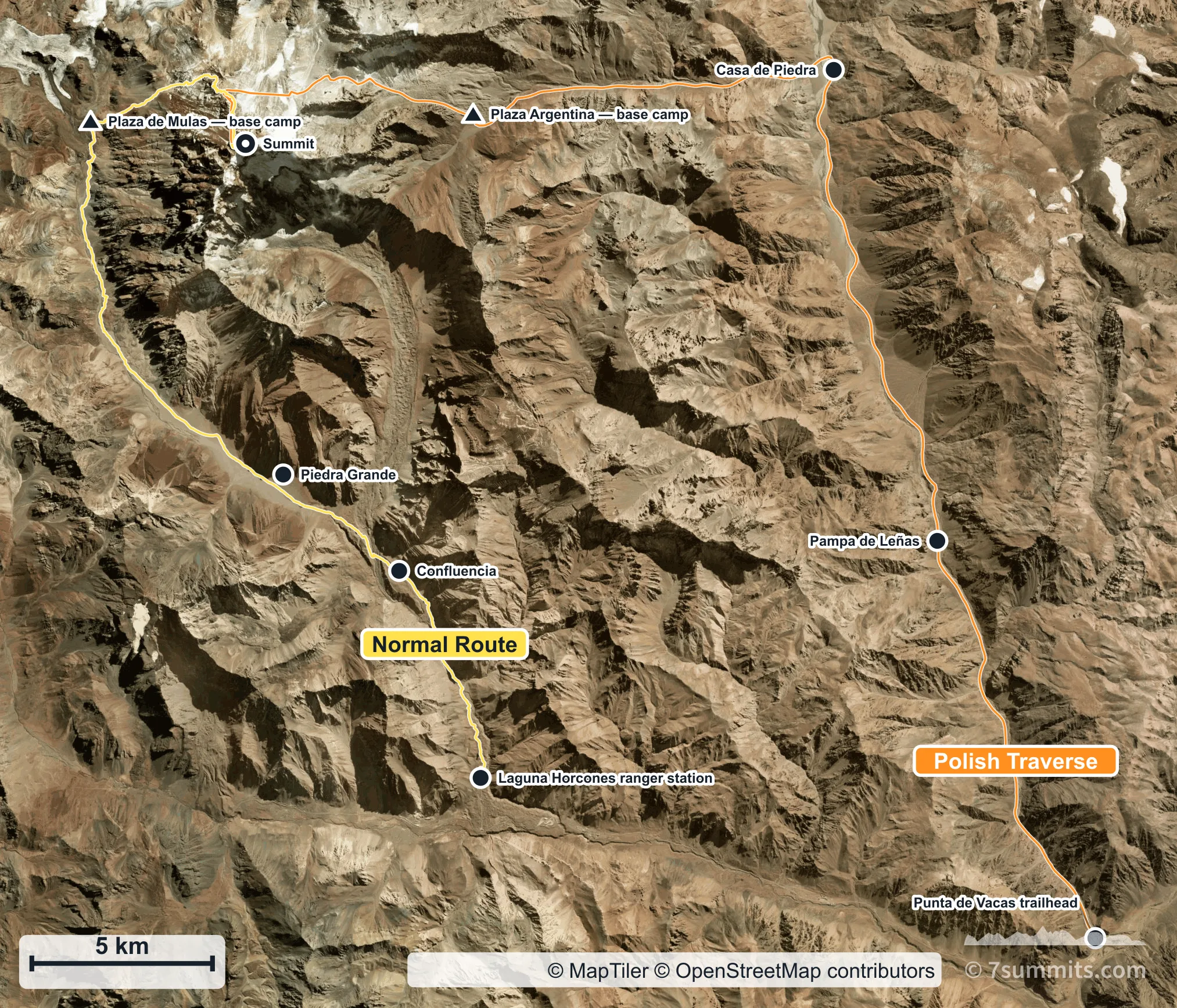 Satellite map of Aconcagua showing the Normal Route and the Polish Traverse in different colours, with base camps and approach camps named.