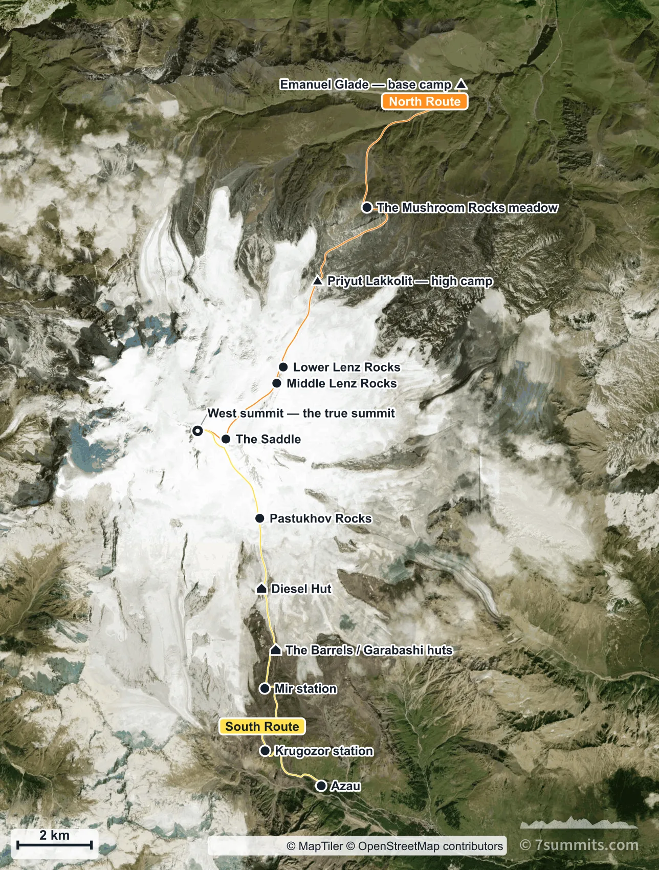 Satellite map of Mount Elbrus showing the South (Normal) and North routes in different colours. They approach from opposite sides of the massif and finish on different tops.