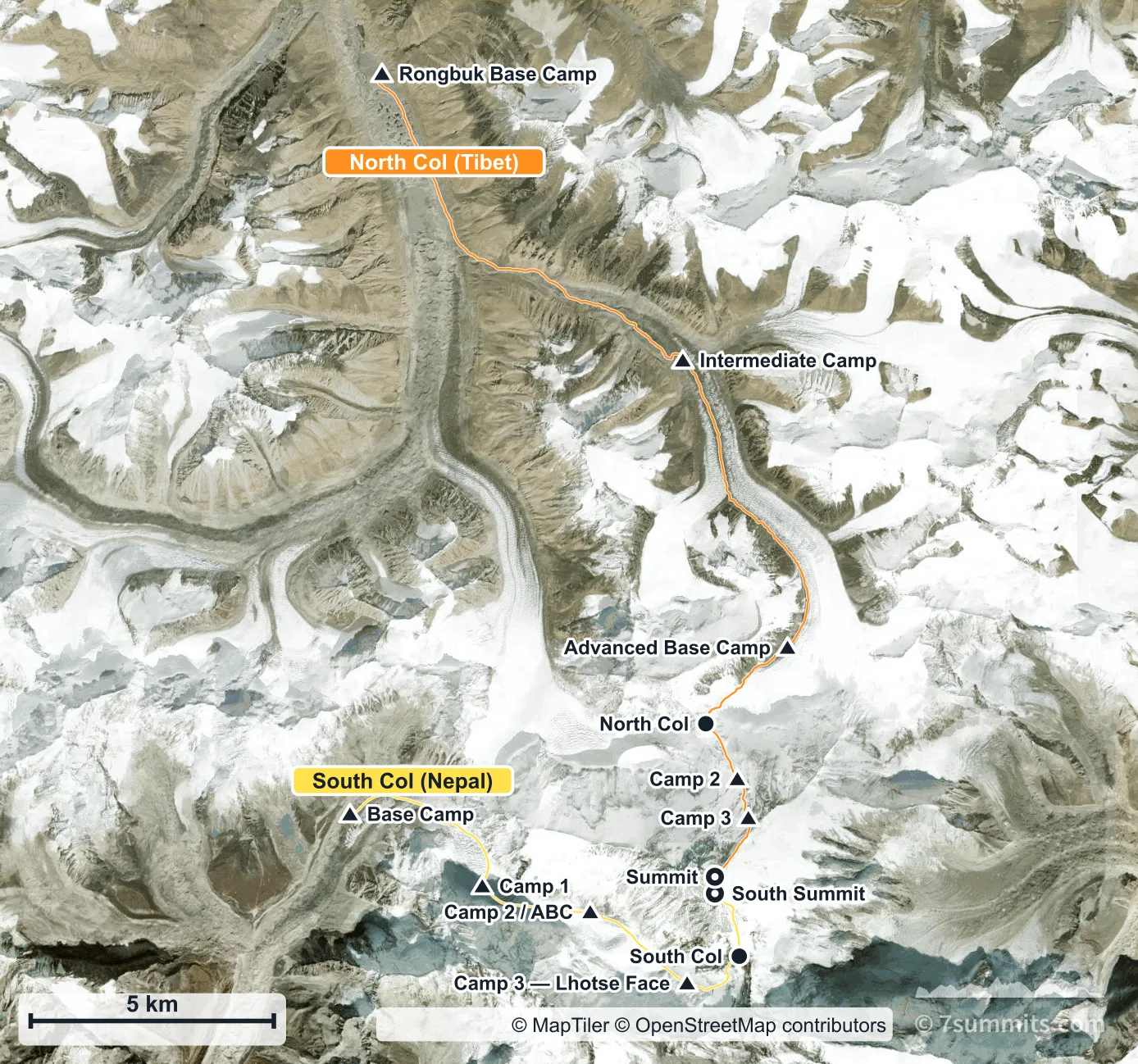 Satellite map of Everest showing the South Col route from Nepal and the North Col route from Tibet in different colours, with their camps named.