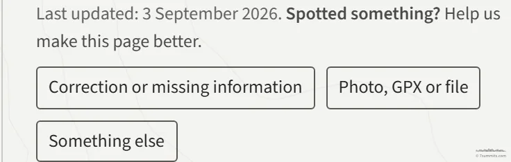 The Spotted something? strip at the foot of a 7summits.com page: the date the page was last updated, and three buttons for a correction or missing information, a photo, GPX or file, and something else.