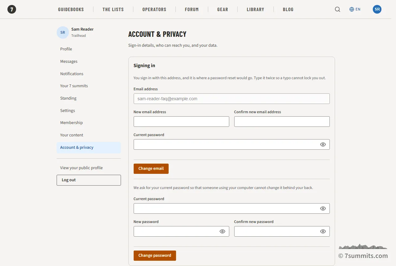 The Account & privacy section of a 7summits.com account: sign-in details, blocked members, who may message you, the leaderboard setting, and downloading or deleting your data.