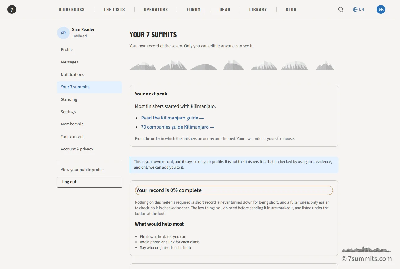 The Your 7 summits page of a 7summits.com account: the row of peak silhouettes, a suggestion for the next peak, and the meter showing how complete the record is.