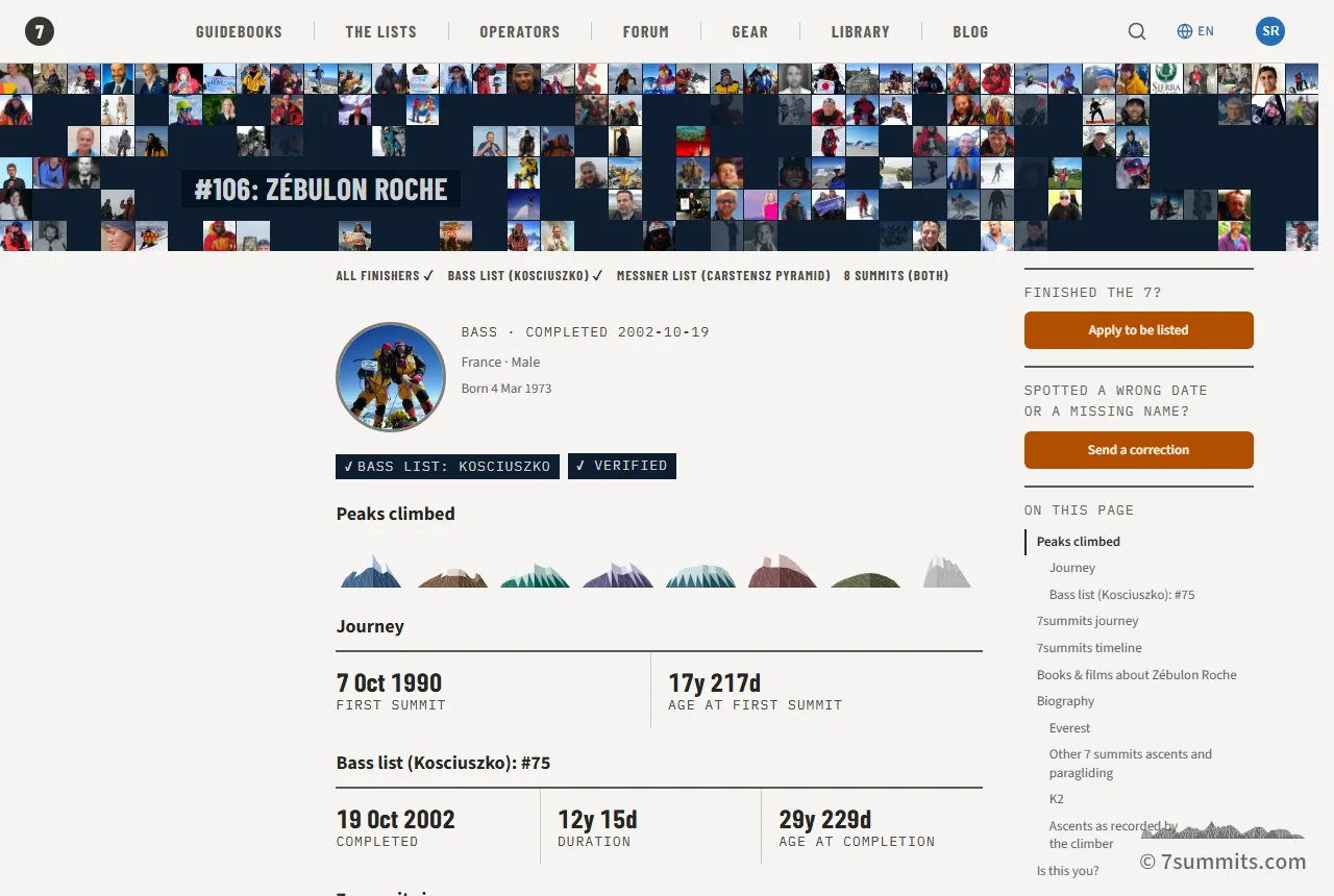 A finisher page on 7summits.com: photo, nationality, peaks climbed, first summit, completion, duration and age at completion, and the seven climbs in order.