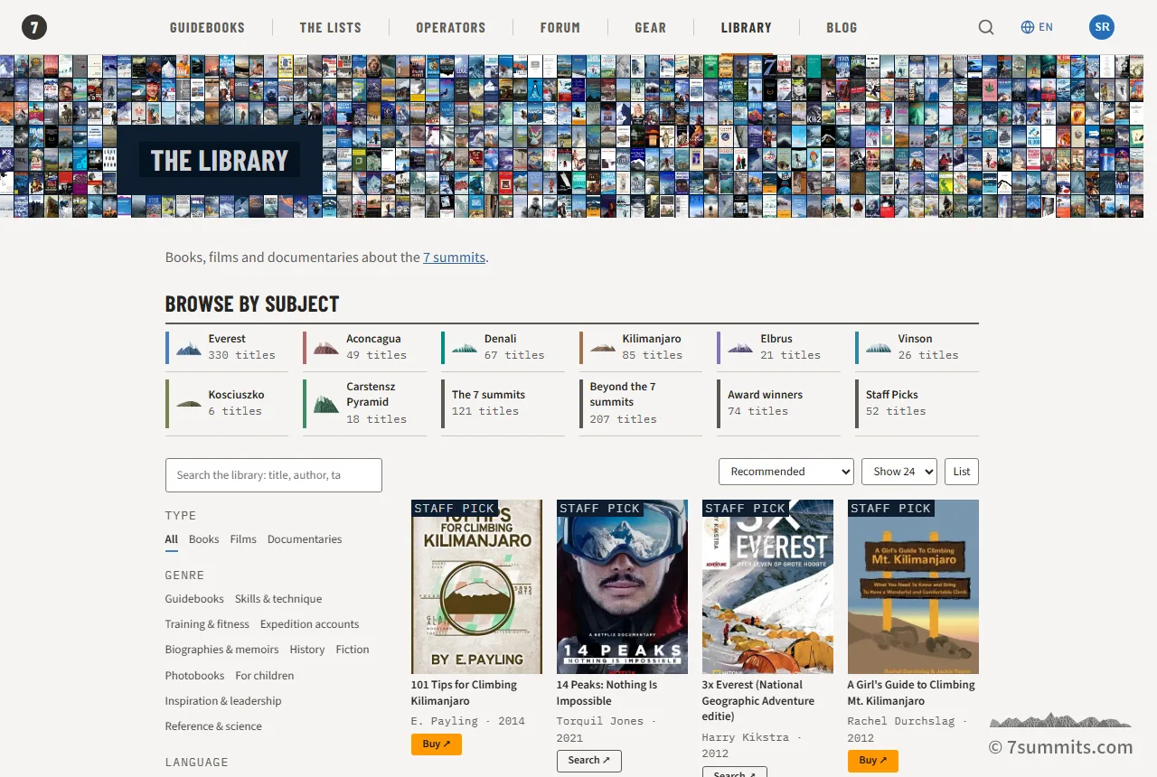 The 7summits.com library: browse by subject, filters by type, genre and language, and book covers with Buy and Search buttons.