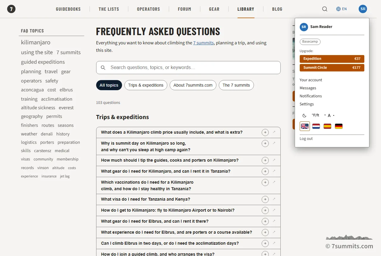 The account menu on 7summits.com: your plan with the upgrade buttons, links to your account, messages, notifications and settings, quick switches for theme, units and text size, and the language flags.