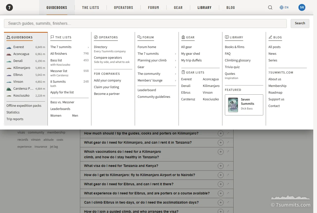 The 7summits.com menu open from Guidebooks: seven columns side by side, for the guidebooks with the eight peaks and their heights, the lists, operators, forum, gear, library and blog.