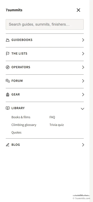 The 7summits.com menu on a phone: the search box, the eight peaks, the finisher lists and the operator directory.