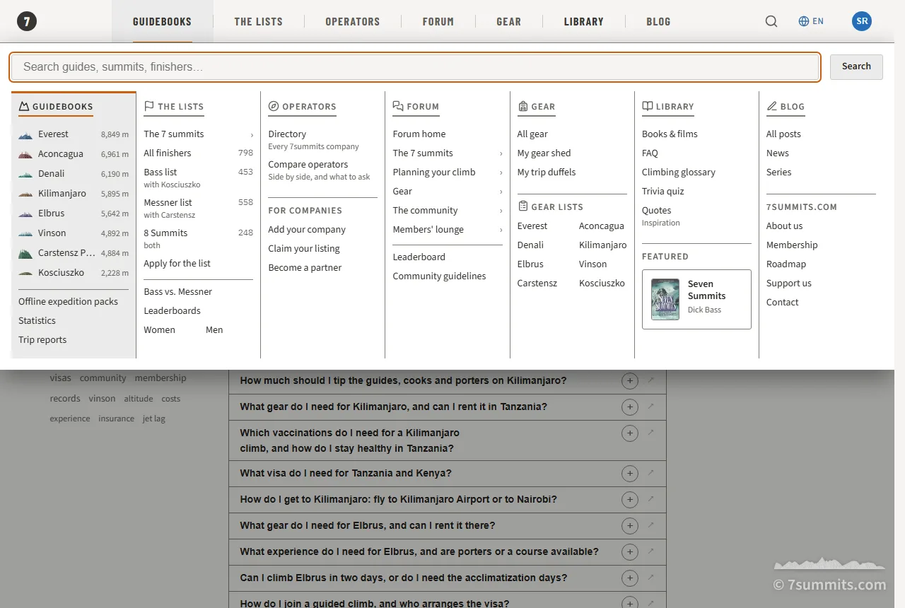 The site-wide search box at the top of the 7summits.com menu.