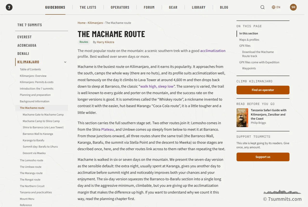 A guide chapter on 7summits.com with the peak menu on the left, the chapter text in the middle and its own contents on the right.