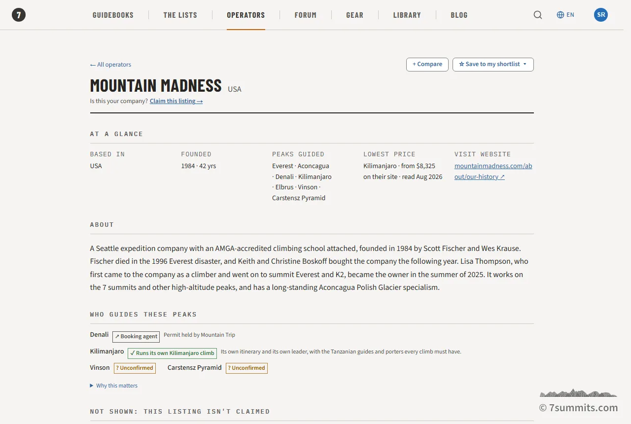 An operator listing on 7summits.com: compare and shortlist buttons, at a glance, the company description, and who guides each peak.