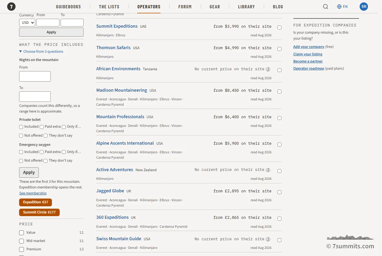 The What the price includes questions for Kilimanjaro, in the filters beside the 7summits.com operator directory.
