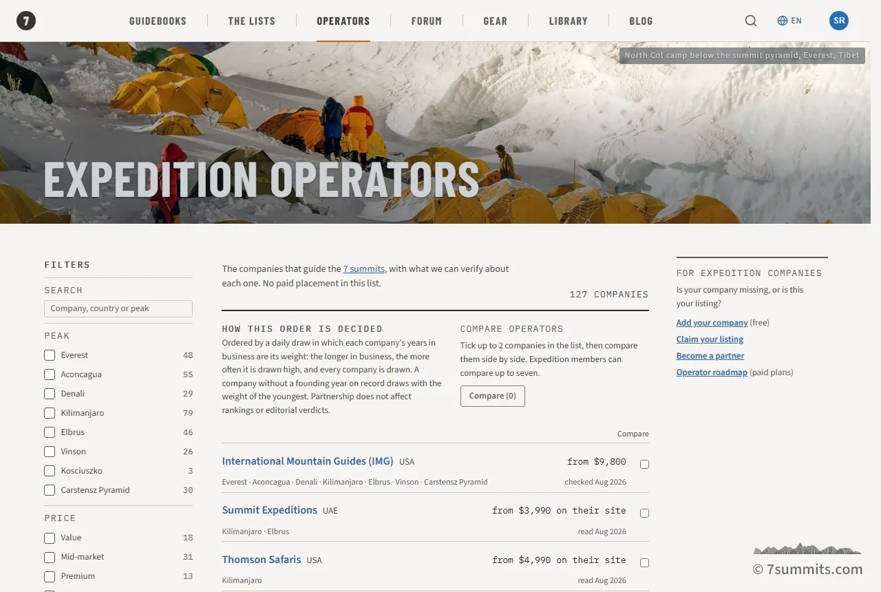 The 7summits.com operator directory: peak, price and country filters on the left, the note on how the order is decided, and the compare boxes beside each company.