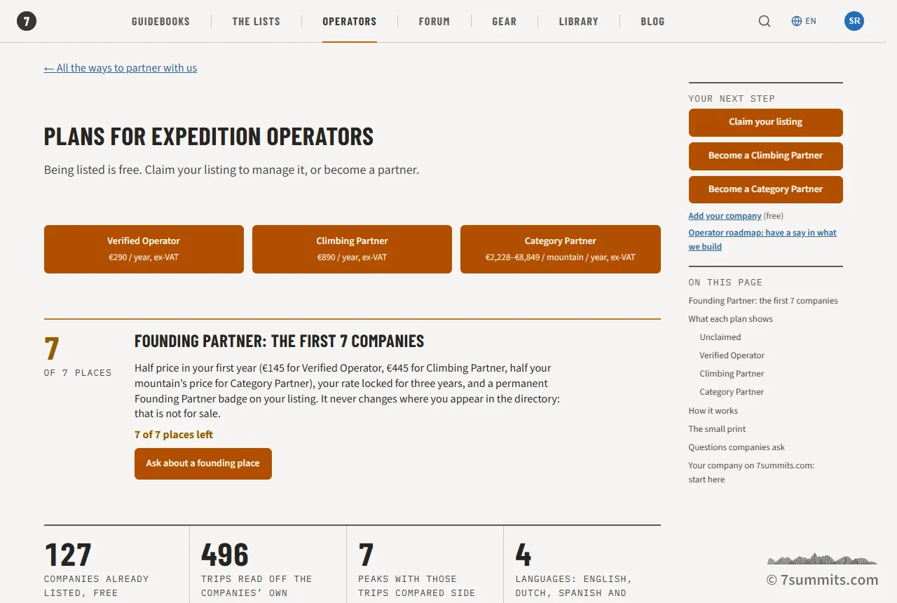 The plans for expedition operators on 7summits.com: Verified Operator, Climbing Partner and Category Partner with their yearly prices, and the Founding Partner offer.