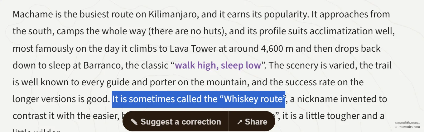 Text selected on a 7summits.com guide page, with the pop-up offering Suggest a correction and Share.