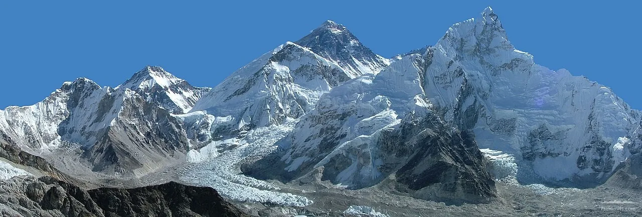 Panoramic view of Mount Everest peak with Nuptse and South Col