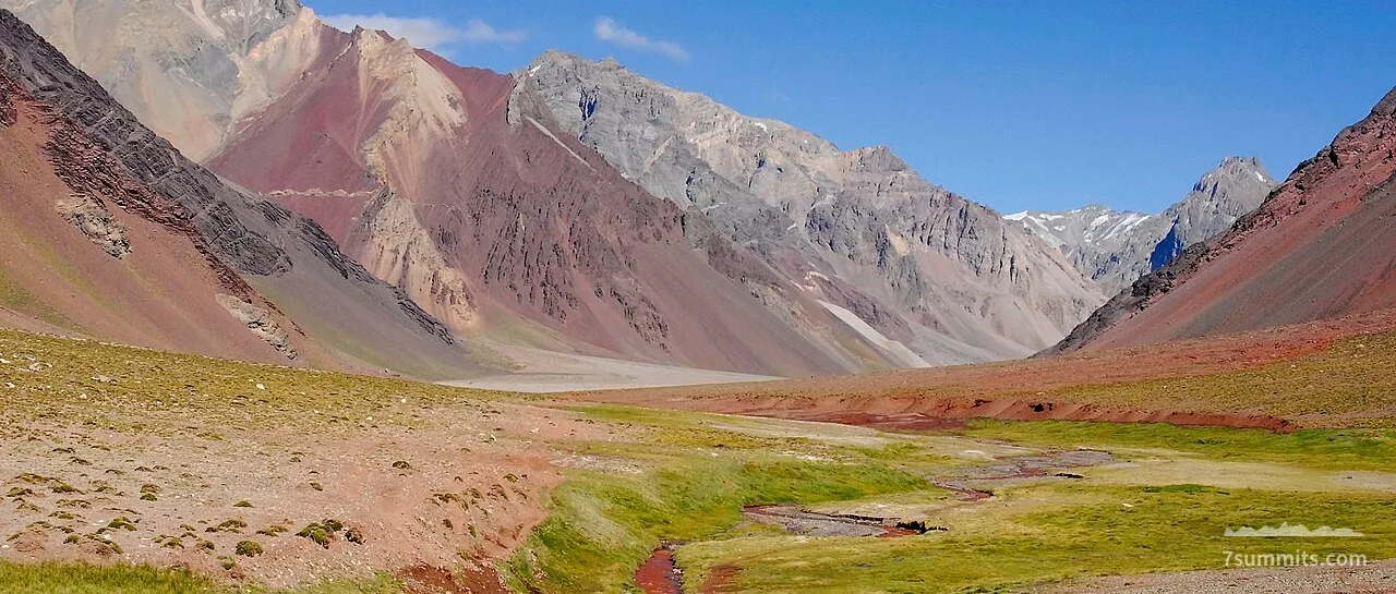 Horcones Valley with Aconcagua mountains and a stream in Argentina