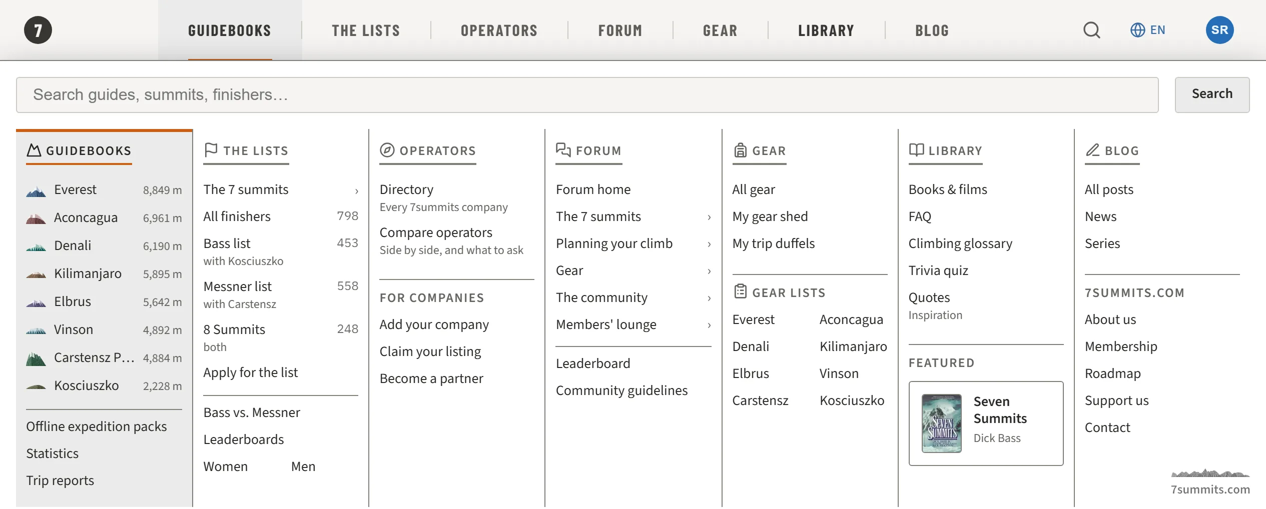 The 7summits.com menu open, with seven columns: Guidebooks, The lists, Operators, Forum, Gear, Library and Blog. Everest is highlighted.