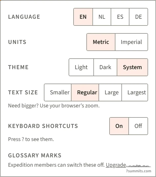 The language button’s panel in the 7summits.com top bar: language, units, theme, text size and a Keyboard shortcuts switch set to On.