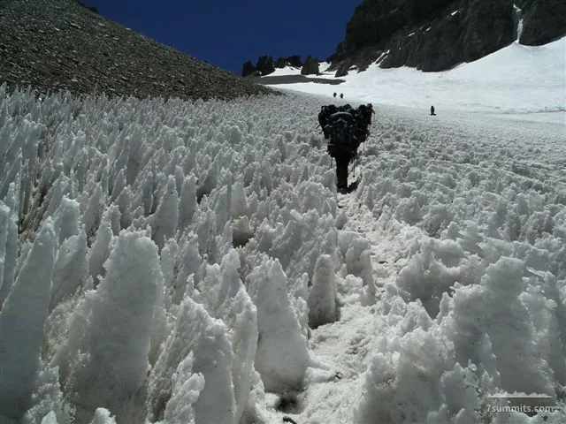 The snowfield just below camp 1 on the Polish traverse route. The snow is being changed into 'penitentes' which can be quite high and sharp...