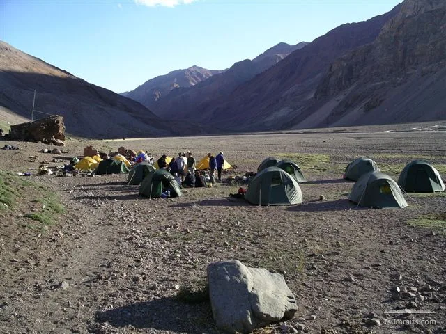 Casa de Piedra camp, day 2, Vacas valley. This is the first time you actually see Aconcagua!