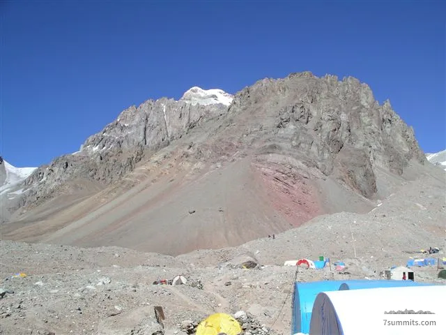 Basecamp Plaza Argentina with the summit of Aconcagua just visible in the back
