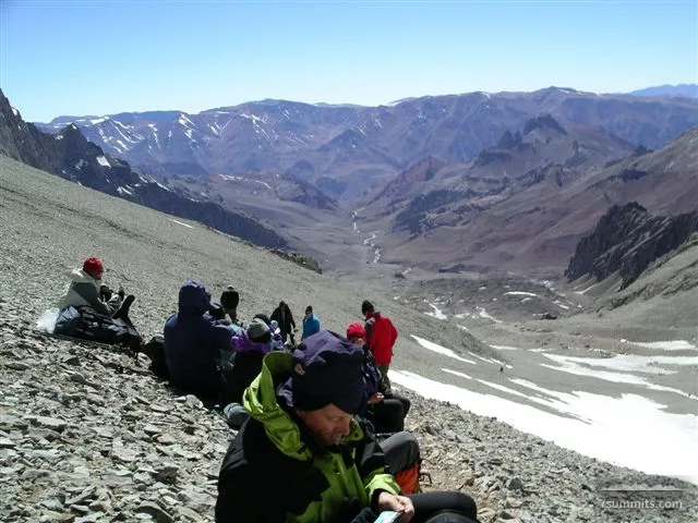 Resting between camp 1 & 2 at about 5300m on the Polish traverse route. You can see the Relinchos river where we hiked up.