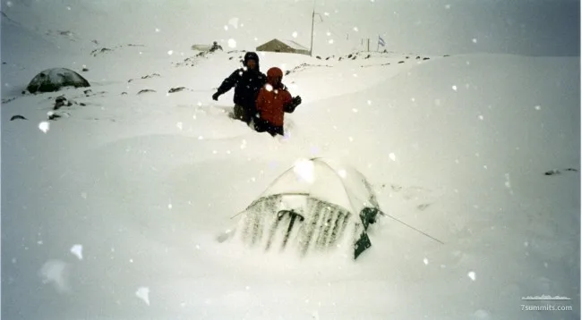 Our neighbours Jonas and Kirk behind our tent at the end of the 24 hour snowstorm in Plaza de Mulas.