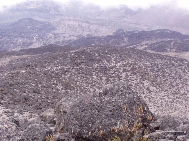 Looking down to a lava basin, on the Shira Plateau Route.