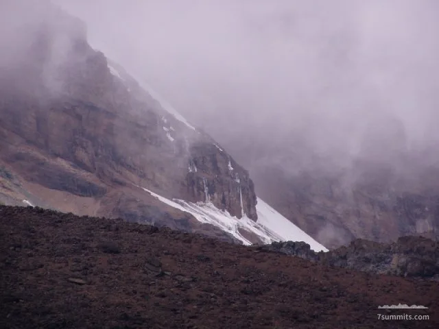 Kili's Breach Wall from Arrow Glacier Hut.