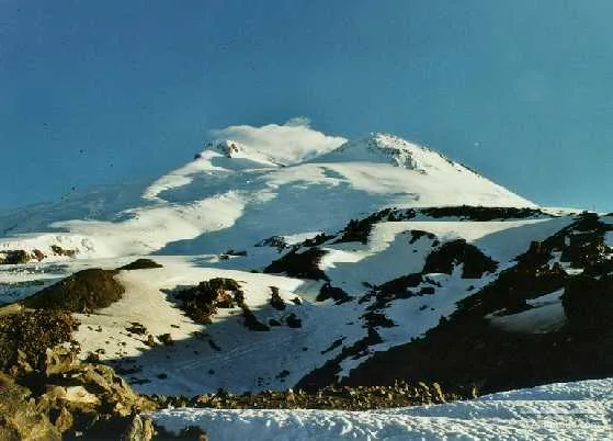 View to the 2 summits of Elbrus from Mir. The left summit is the highest.