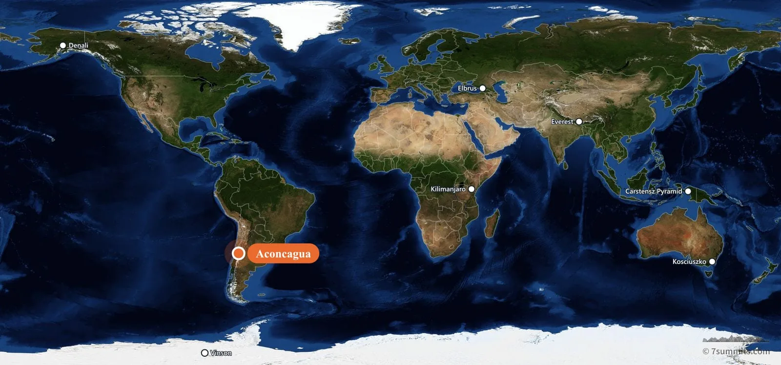 World map showing the location of Aconcagua, one of the Seven Summits