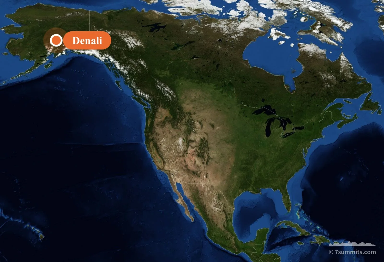 Map of North America showing the location of Denali