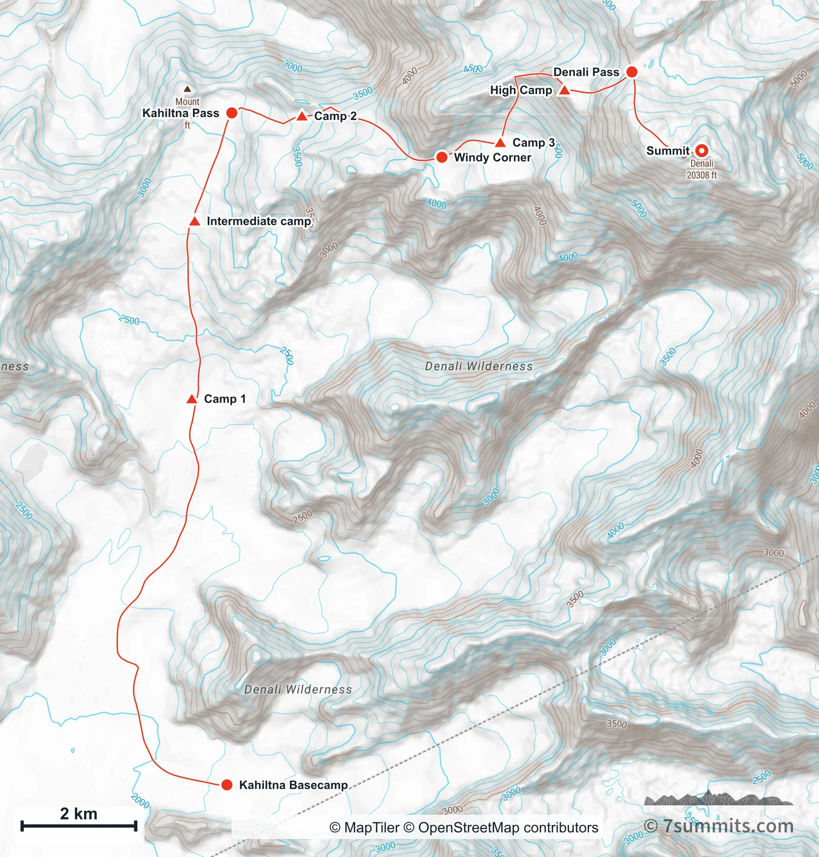 Topographic map of the West Buttress route on Denali, from Kahiltna Basecamp up the Kahiltna Glacier through Kahiltna Pass and Windy Corner to the high camp at 5243 m and the summit