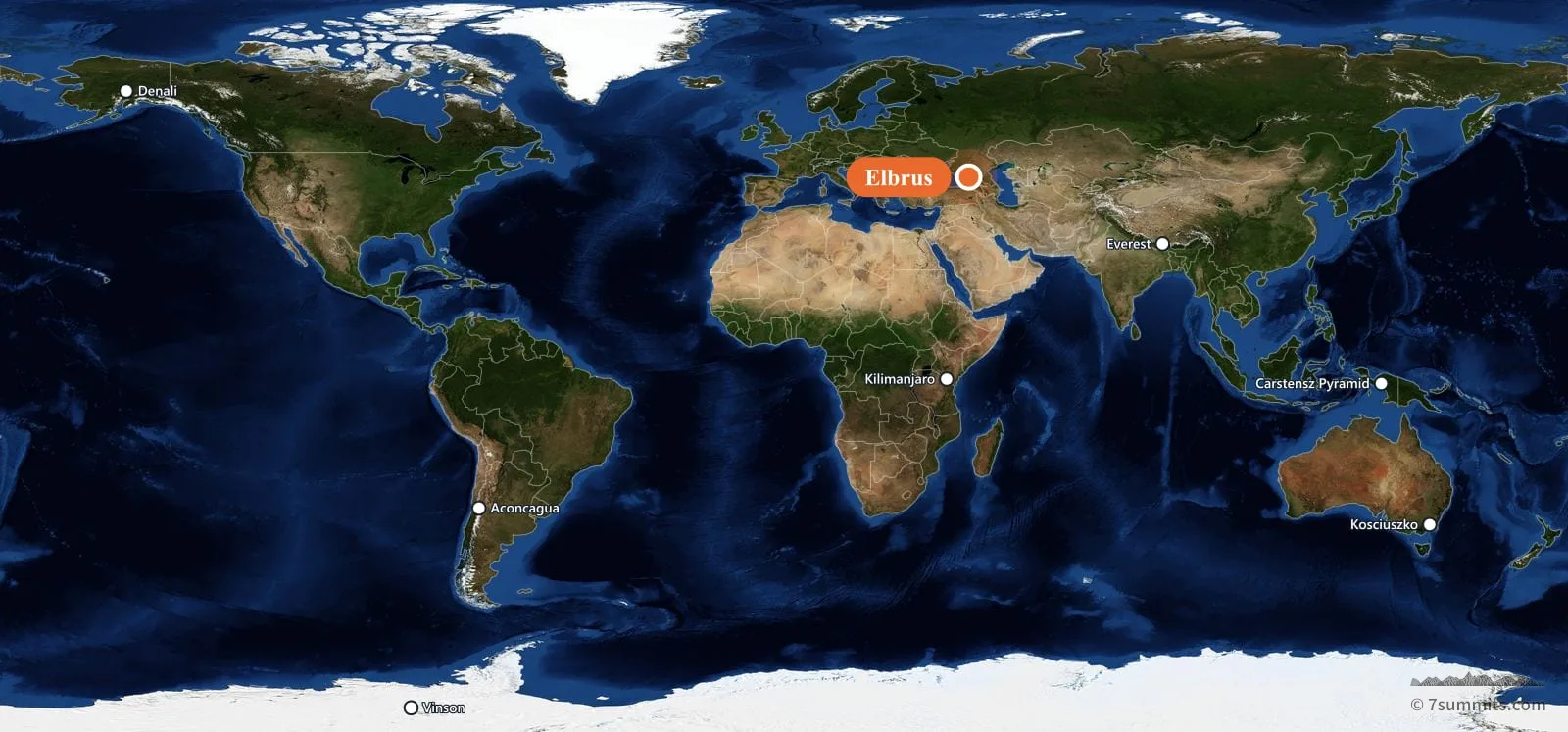 World map showing the location of Elbrus, one of the Seven Summits
