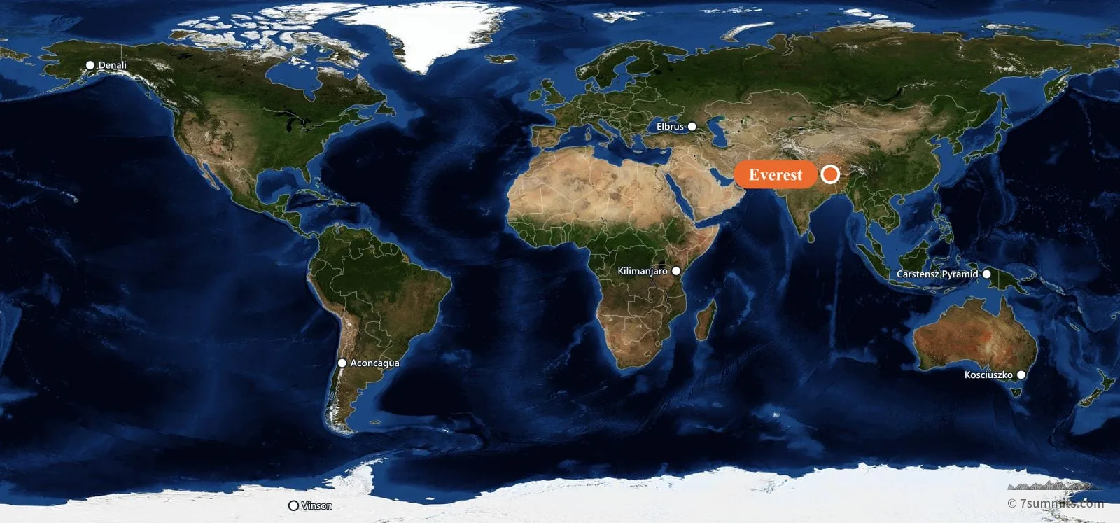 World map showing the location of Everest, one of the Seven Summits