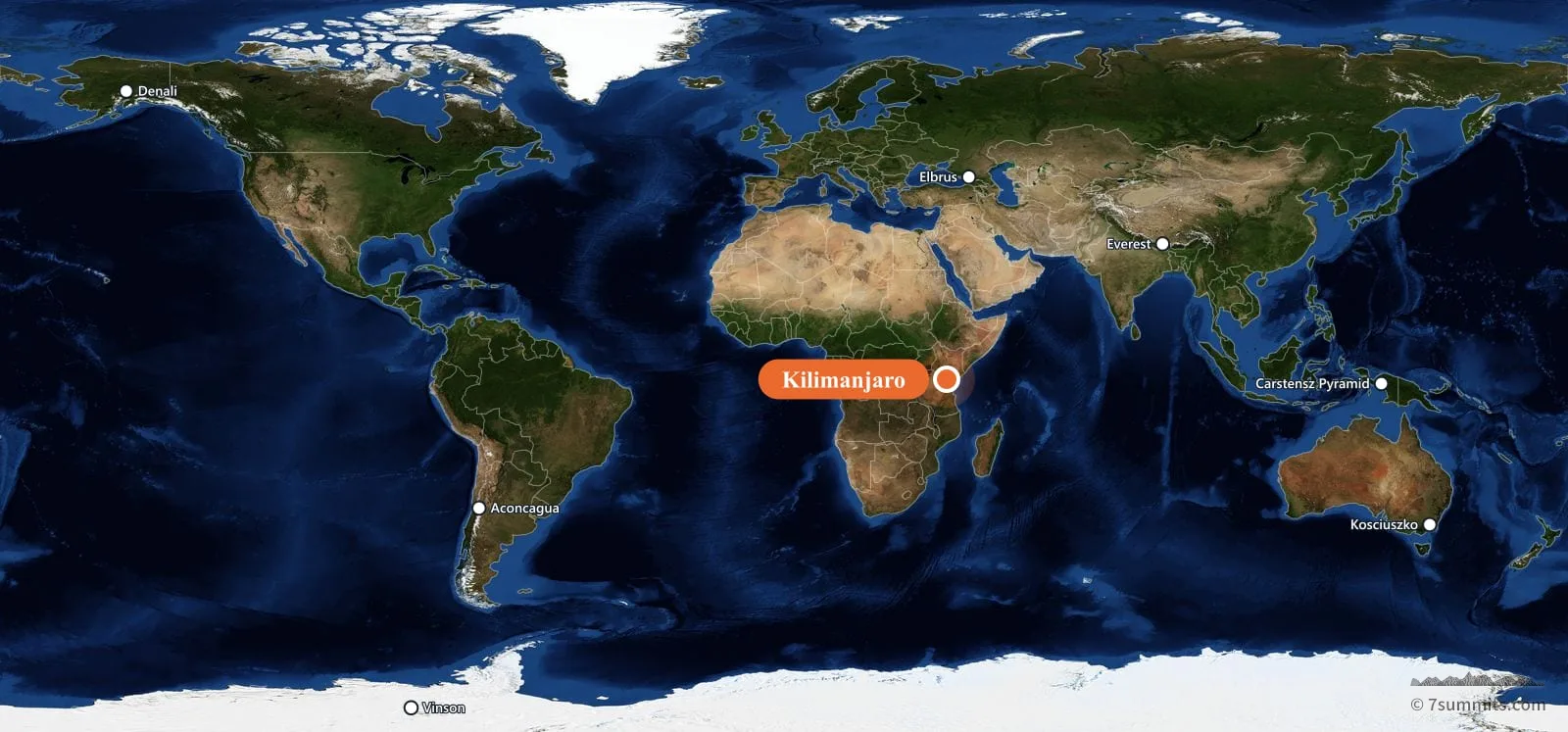World map showing the location of Kilimanjaro, one of the Seven Summits