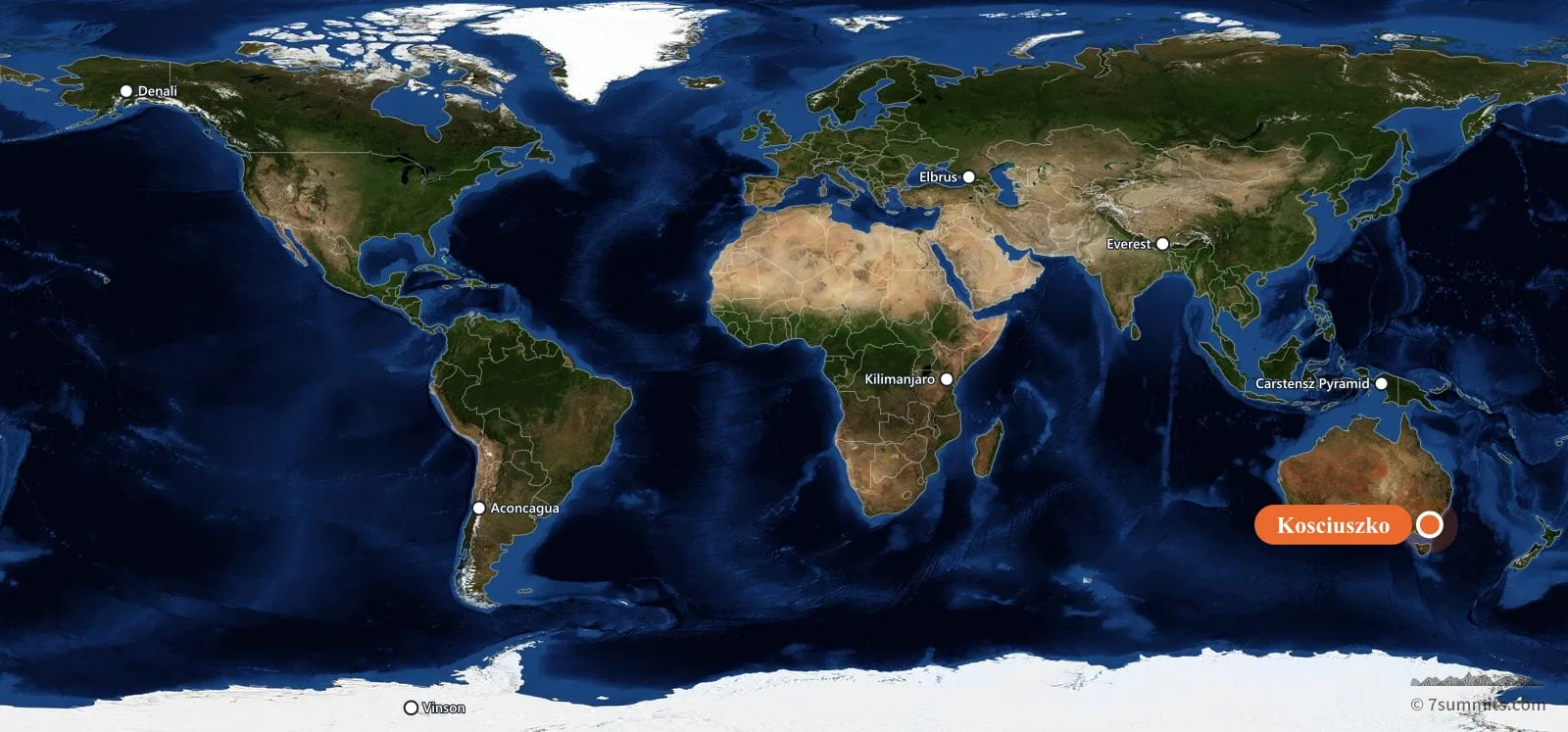 World map showing the location of Kosciuszko, one of the Seven Summits